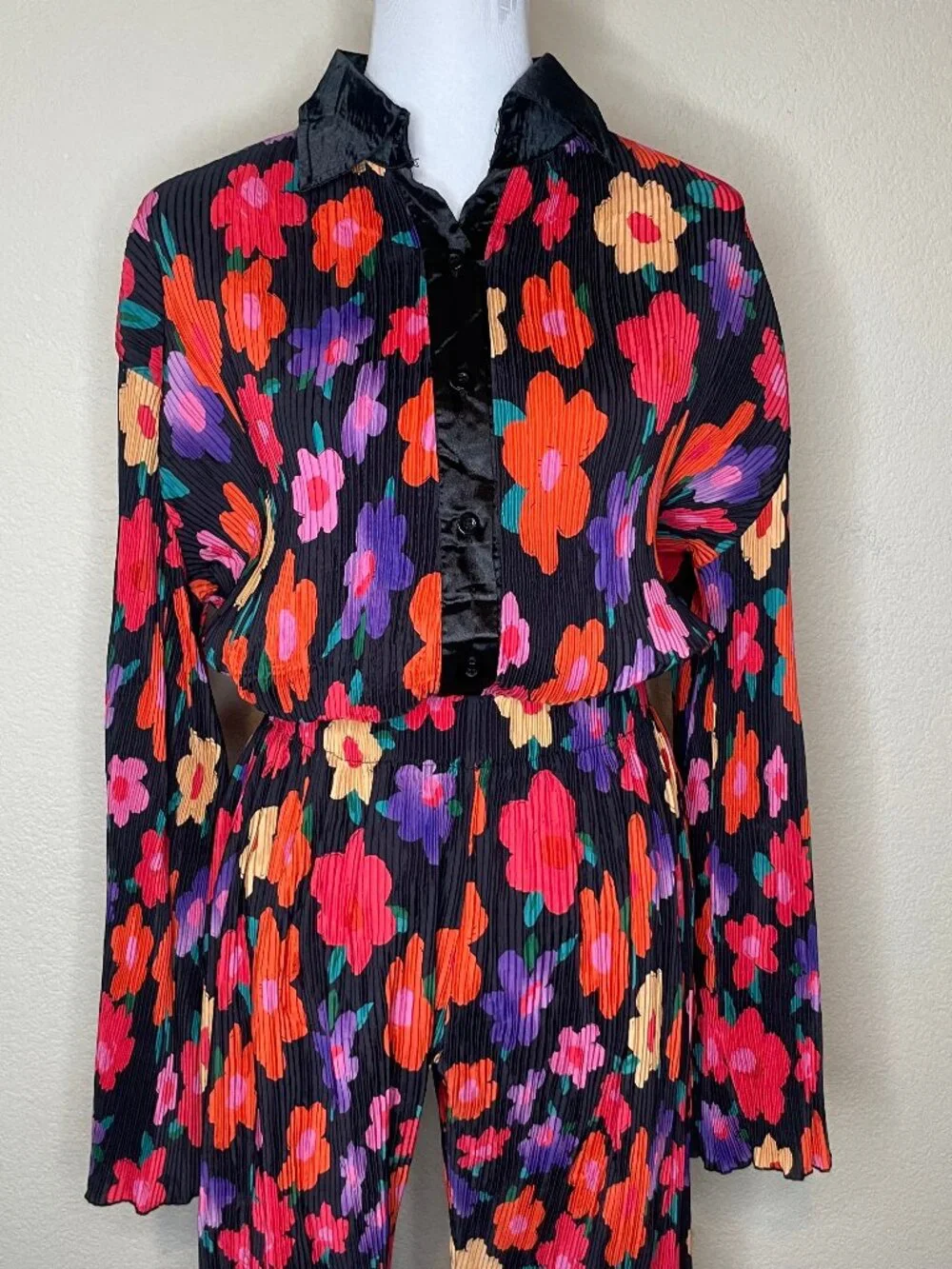 70s Retro Psych Floral Plisse Pleated 2 Piece Matching Pants Set M